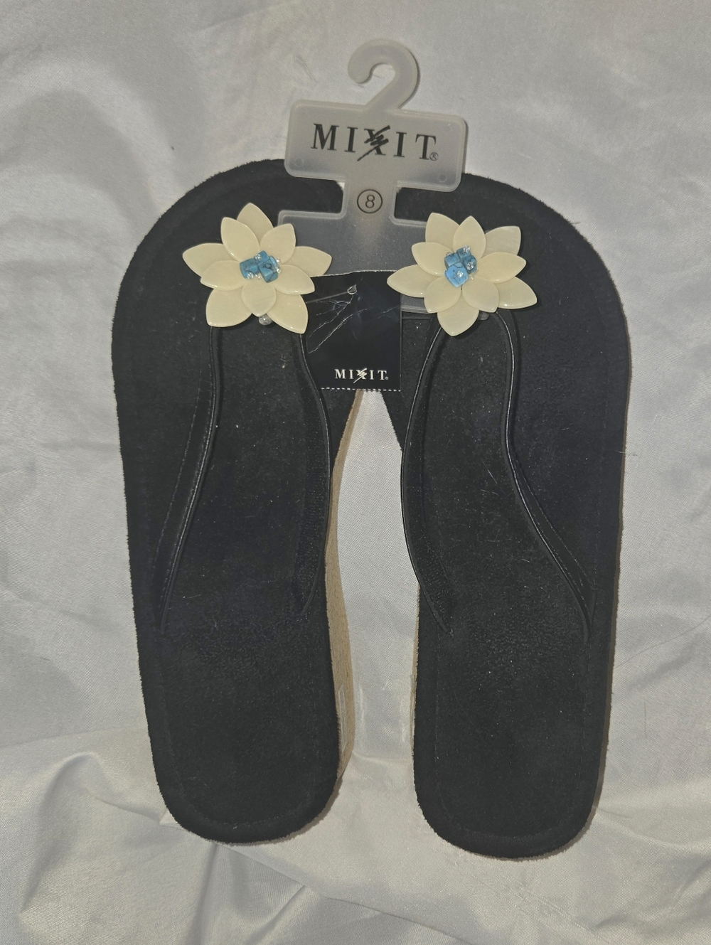 Mixit Women's Black Sandals with Cream Floral Appliqués Turquoise Center Wedge 8